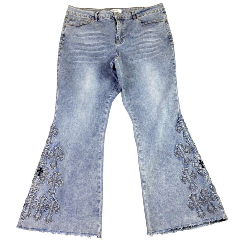 Bamboo 18 Blue Flare Jeans Cross Applique Frayed Hem Gothic Y2K Streetwear Boho